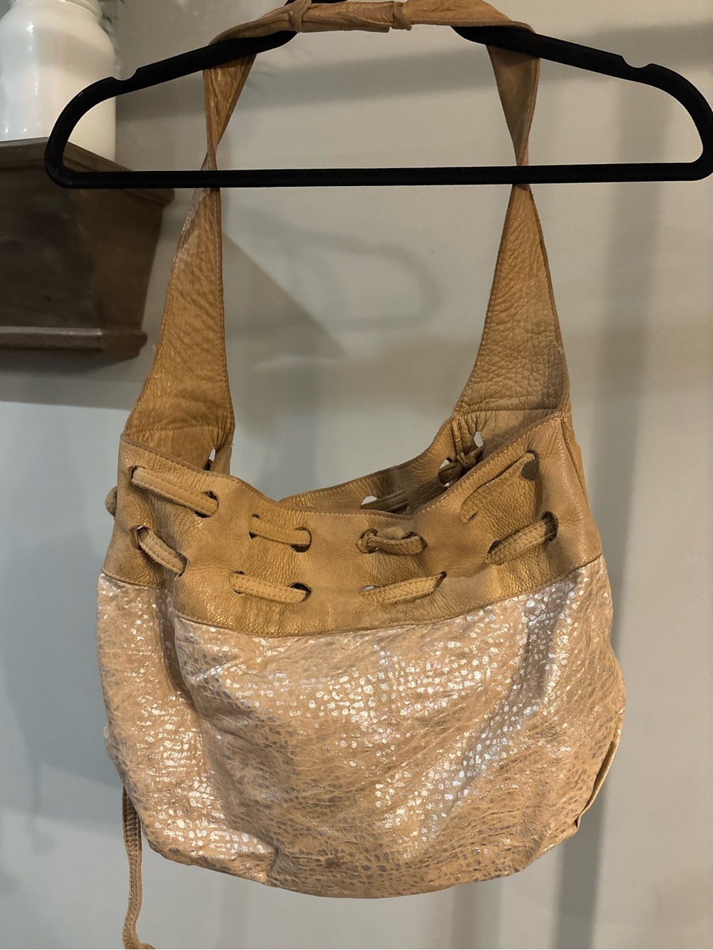 Foley + Corinna Beige Tan Leather Shoulder Bag with Textured Shine